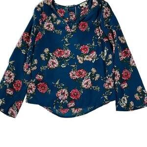 Lily White Teal Floral Cottagecore Long Sleeve Blouse Size S